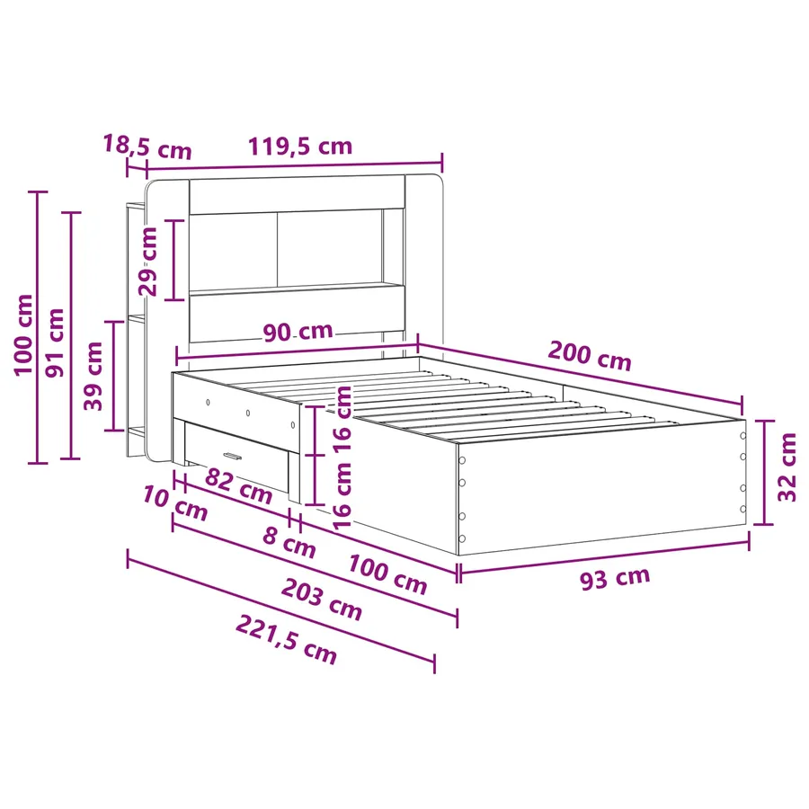 Cadre de lit avec rangement Sonoma gris 90 x 200 cm - 9