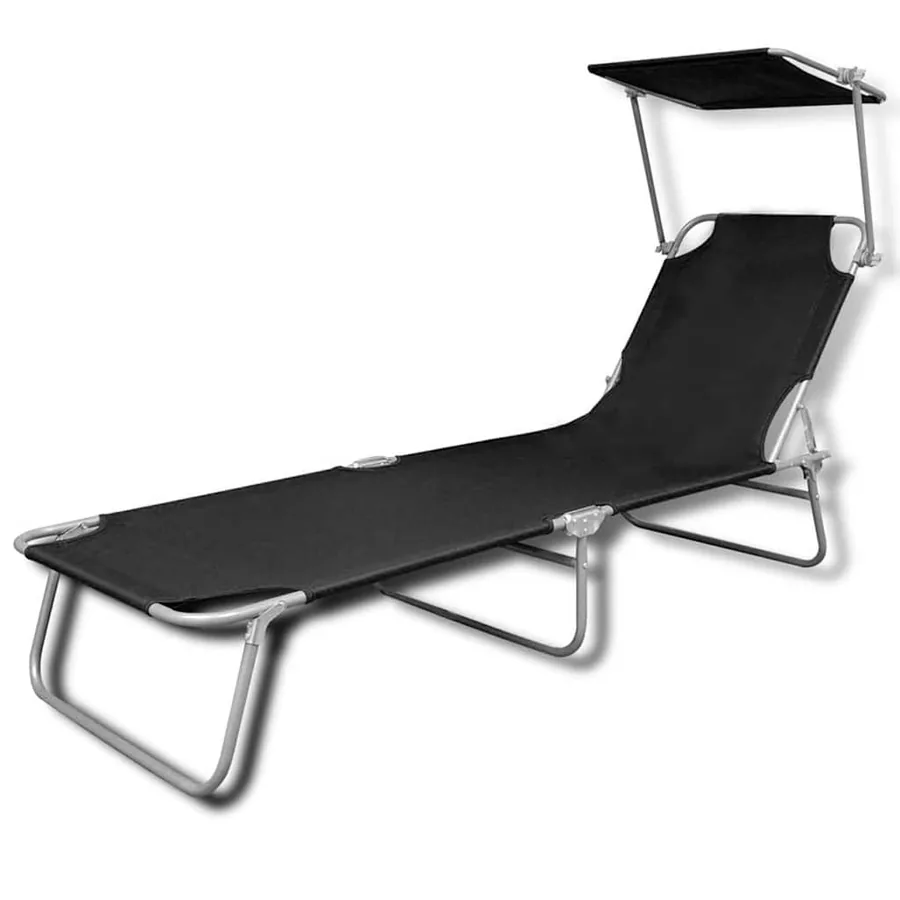 Chaise longue pliable avec auvent acier et tissu noir - 2