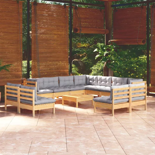 Salon de jardin 12 pcs avec coussins gris Bois de pin massif