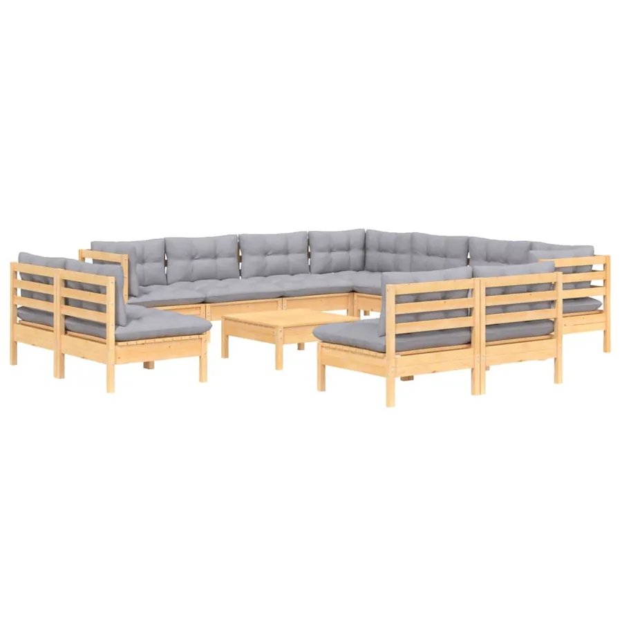 Salon de jardin 12 pcs avec coussins gris Bois de pin massif - 3