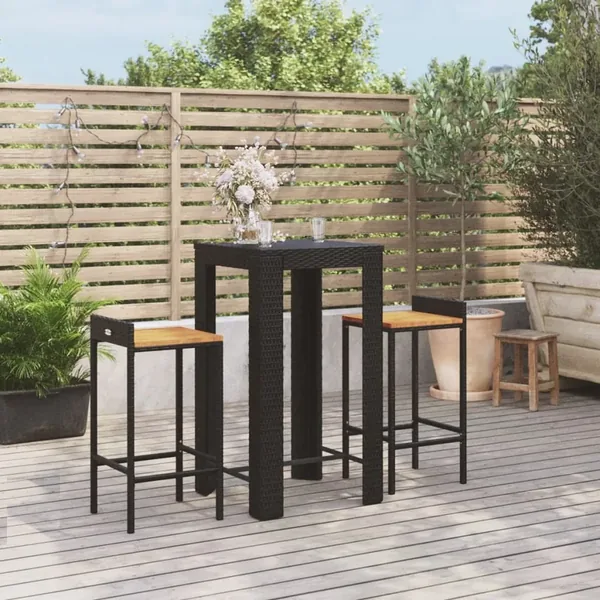 Ensemble de bar jardin 3 pcs noir poly rotin/bois massif acacia