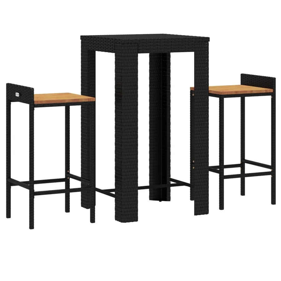 Ensemble de bar jardin 3 pcs noir poly rotin/bois massif acacia - 3