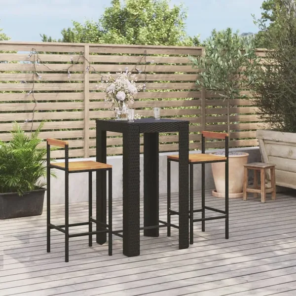 Ensemble de bar jardin 3 pcs noir poly rotin/bois massif acacia