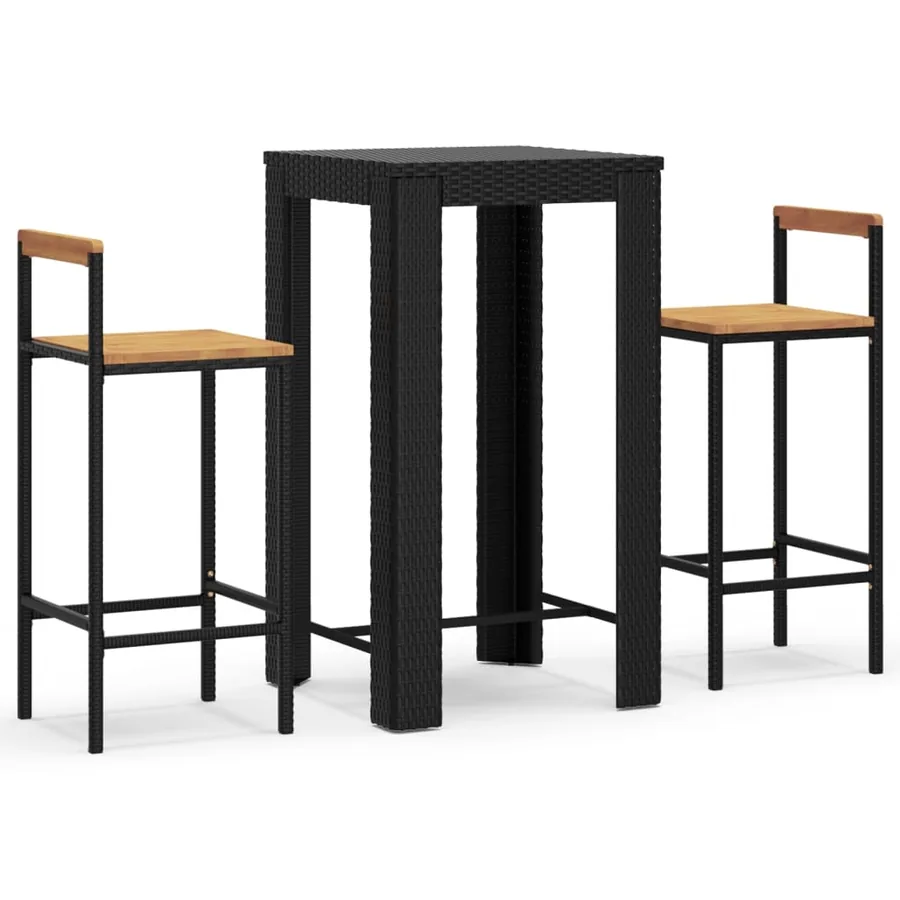 Ensemble de bar jardin 3 pcs noir poly rotin/bois massif acacia - 2