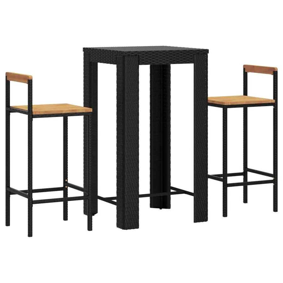 Ensemble de bar jardin 3 pcs noir poly rotin/bois massif acacia - 3