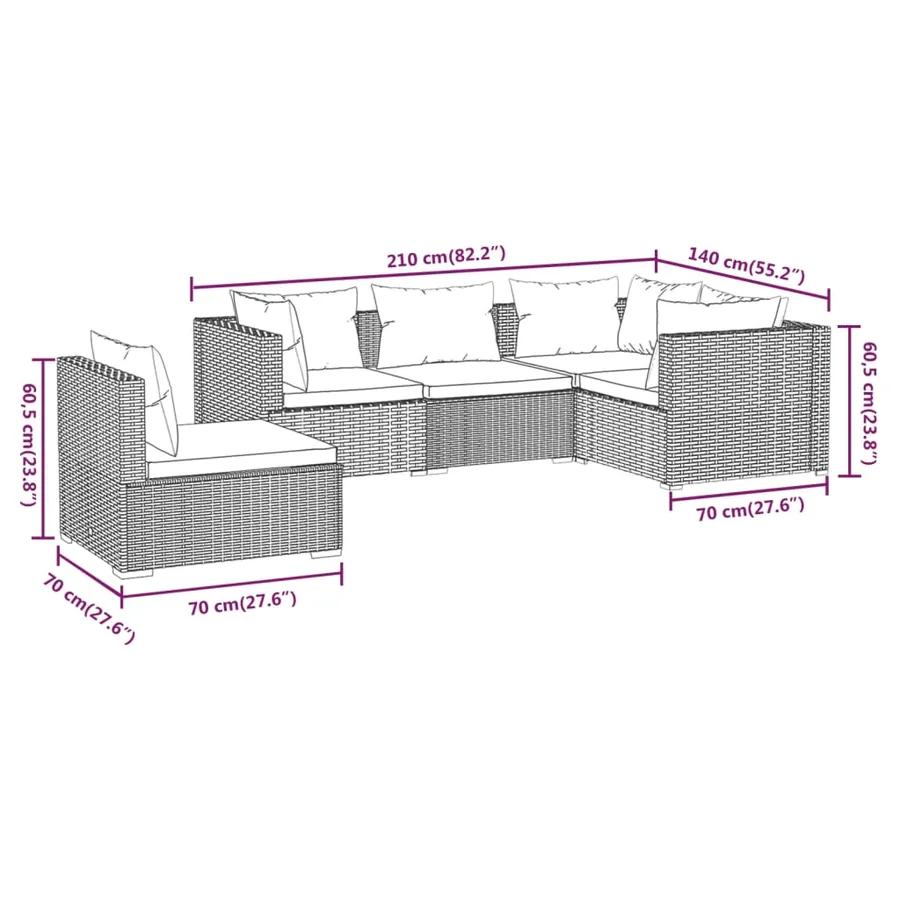 Salon de jardin 5 pcs avec coussins Résine tressée Gris - 7