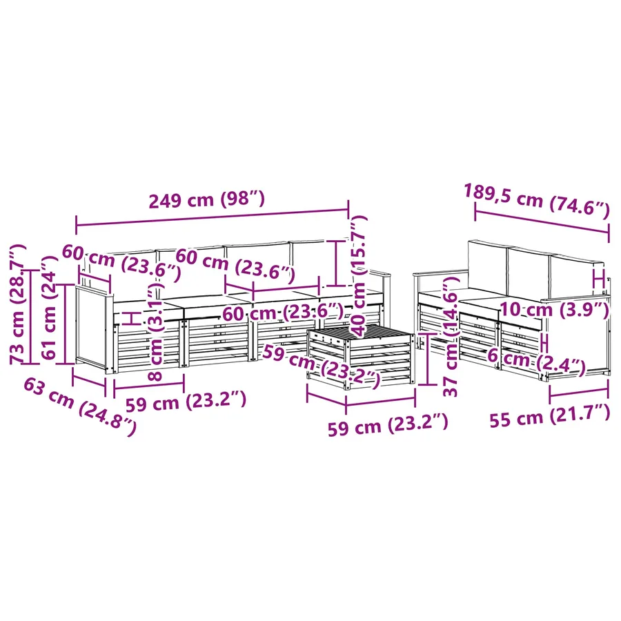 Ensembles de canapés avec coussin 8 pcs Bois d'Acacia Massif - 7