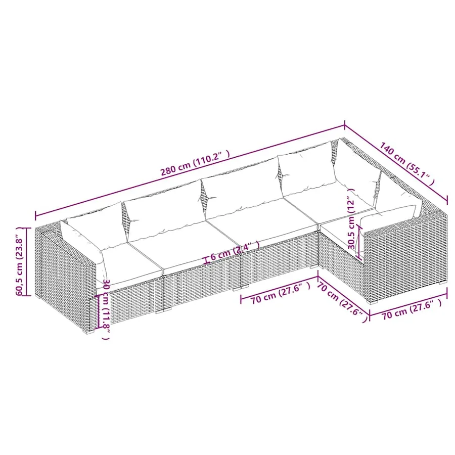 Salon de jardin 5 pcs avec coussins Résine tressée Gris - 5