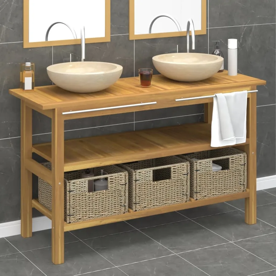 Armoire de salle de bain et lavabos en marbre crème Teck massif