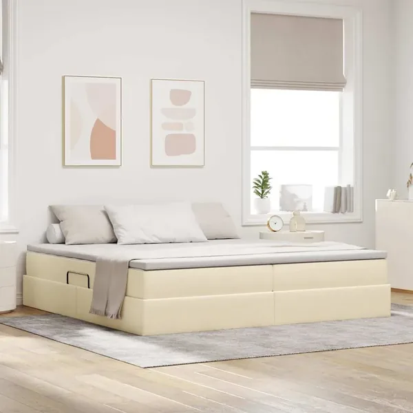 Lit avec rangement et matelas Crème 200 x 200 cm Polyester