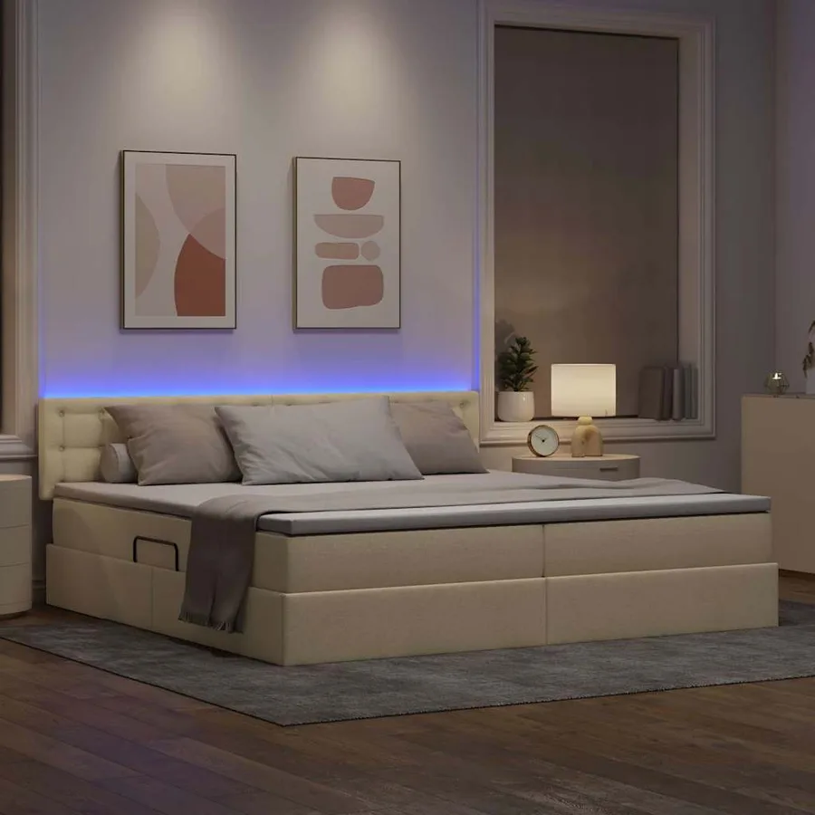 Lit de rangement LED avec matelas Crème 200 x 200 cm Tissu - 5
