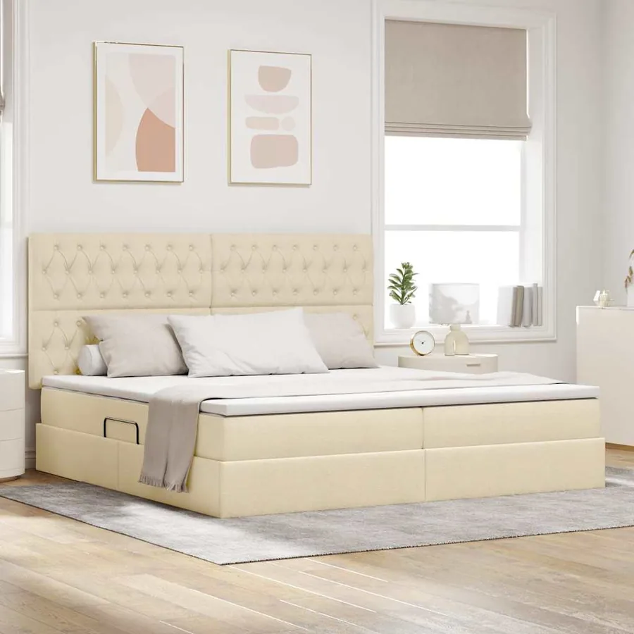 Lit de rangement LED avec matelas Crème 200 x 200 cm Tissu