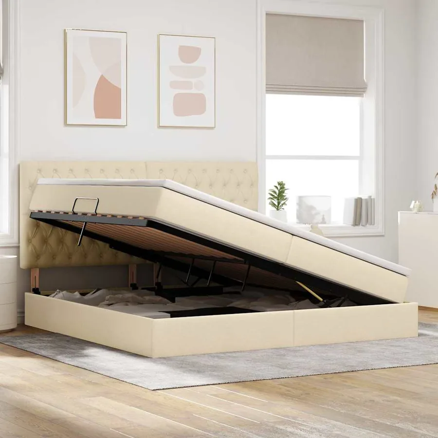 Lit de rangement LED avec matelas Crème 200 x 200 cm Tissu - 4