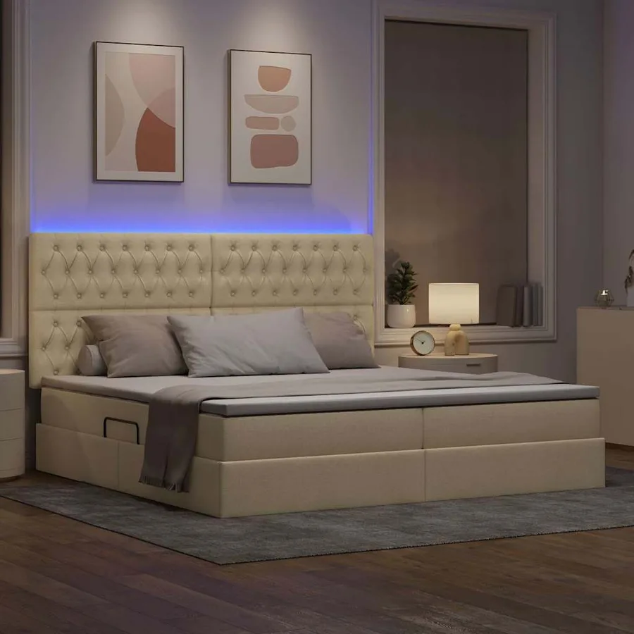 Lit de rangement LED avec matelas Crème 200 x 200 cm Tissu - 5