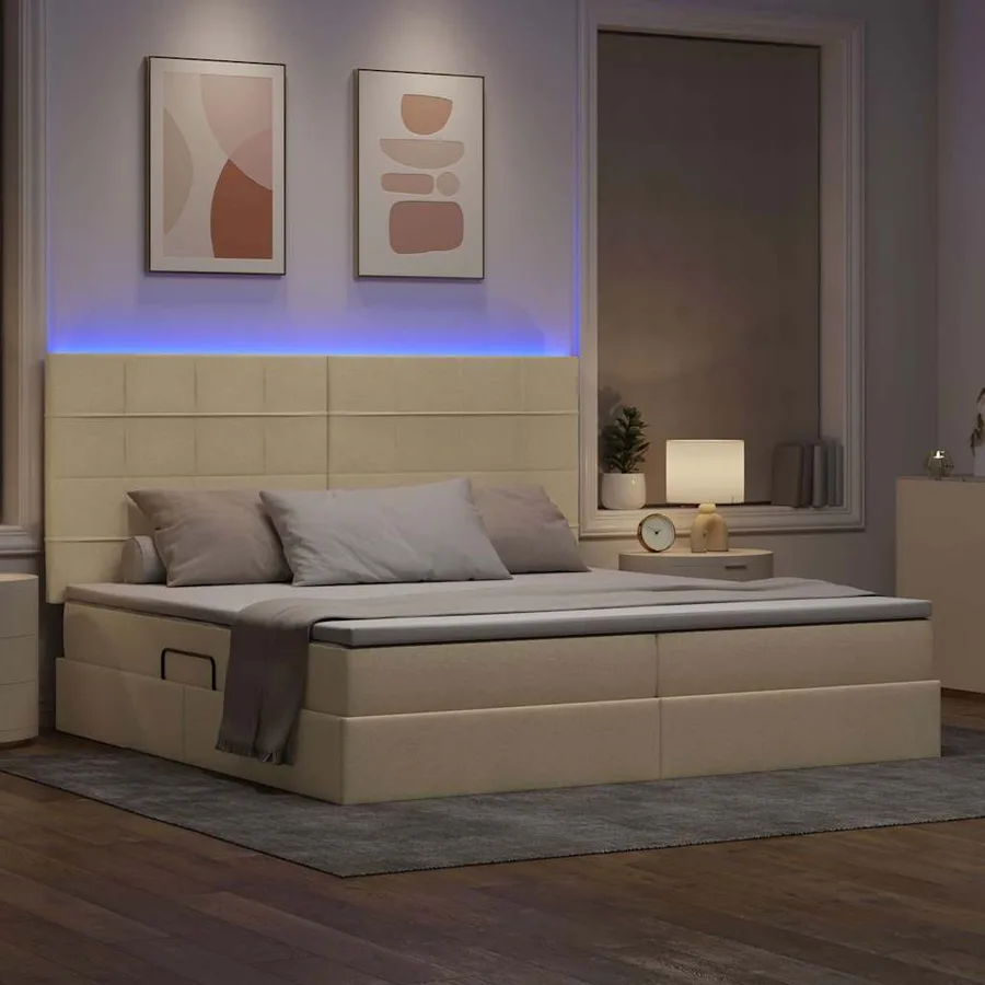Lit de rangement LED avec matelas Crème 200 x 200 cm Tissu - 5