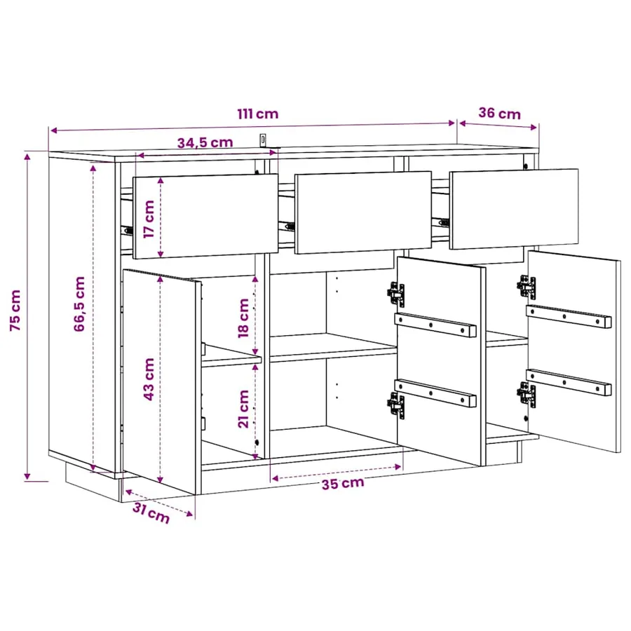 Buffet 111x36x75 cm Bois massif de pin - 9