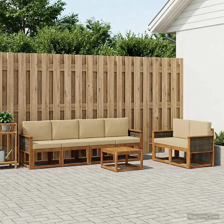 Ensemble de canapés d'extérieur avec coussin 6 pcs Naturel