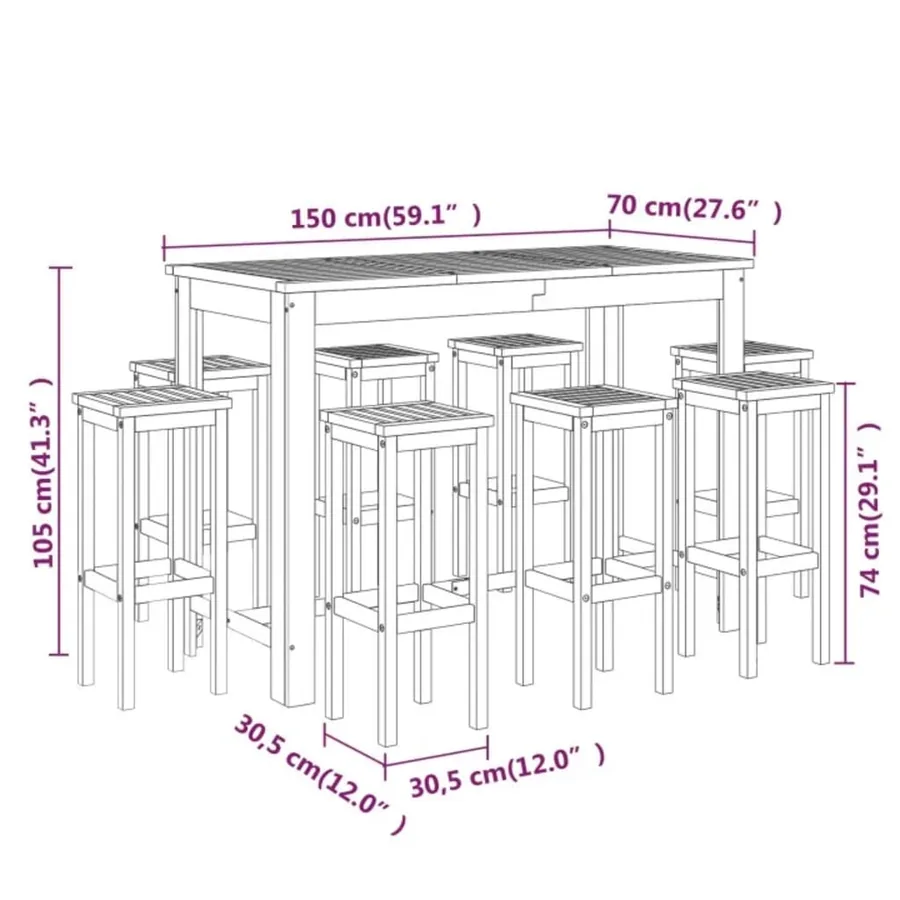 Ensemble de bar de jardin 9 pcs Bois d'acacia solide - 9