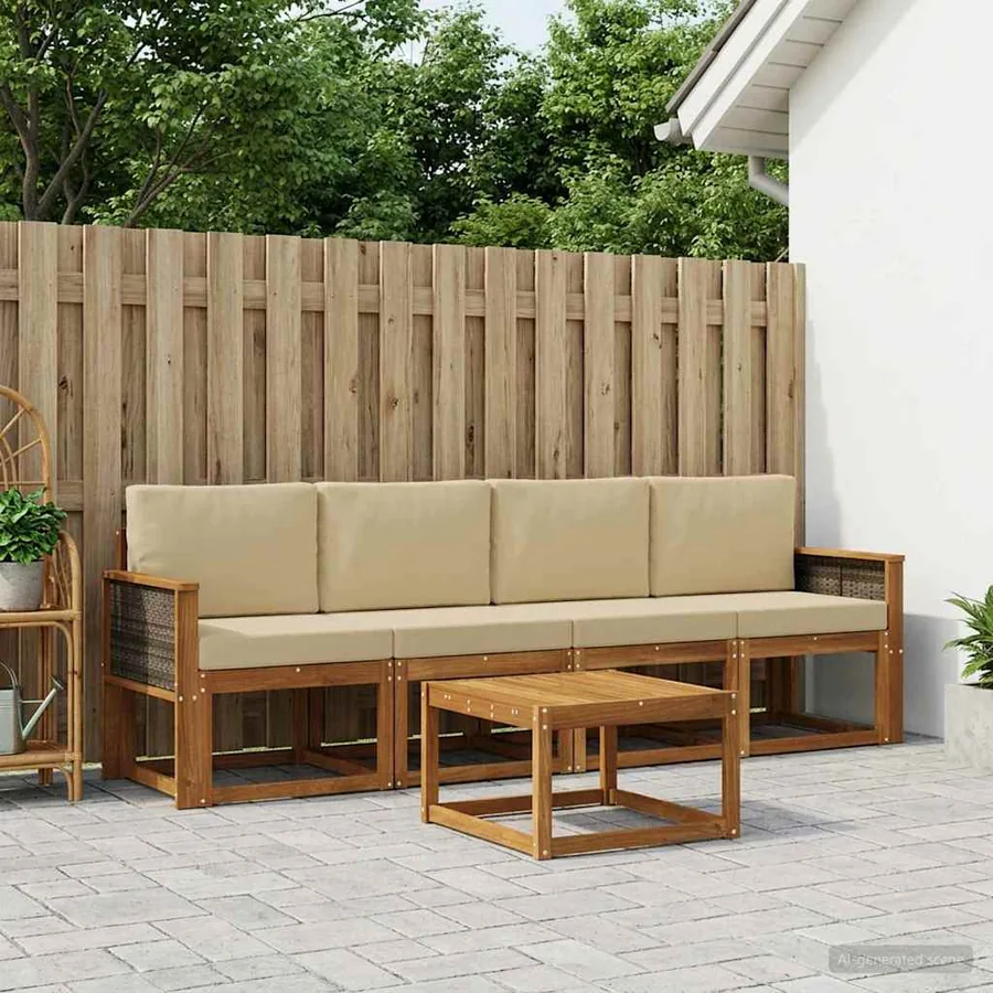 Ensemble de canapés d'extérieur avec coussin 4 pcs Naturel