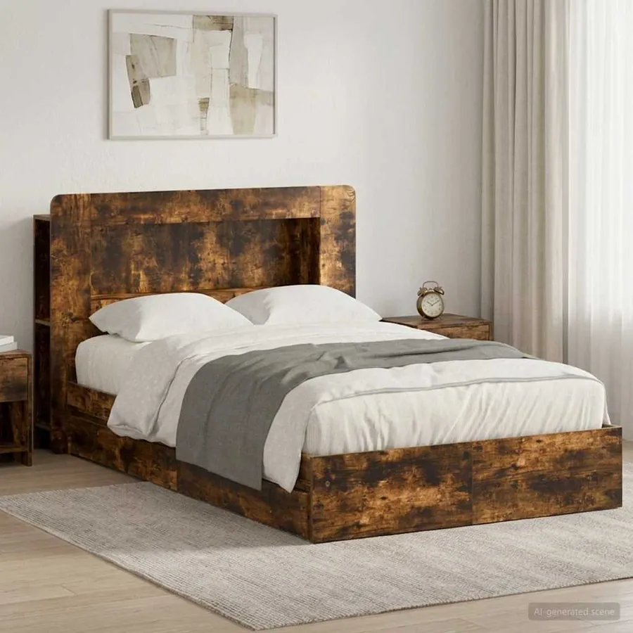 Cadre de lit avec rangement avec tiroir Chêne fumé 120 x 190 cm