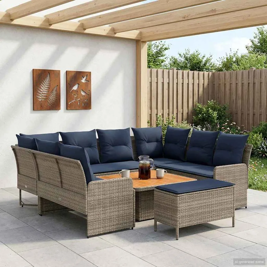 Ensembles de meubles 7 pcs Gris et bleu marine Rotin PE - 3