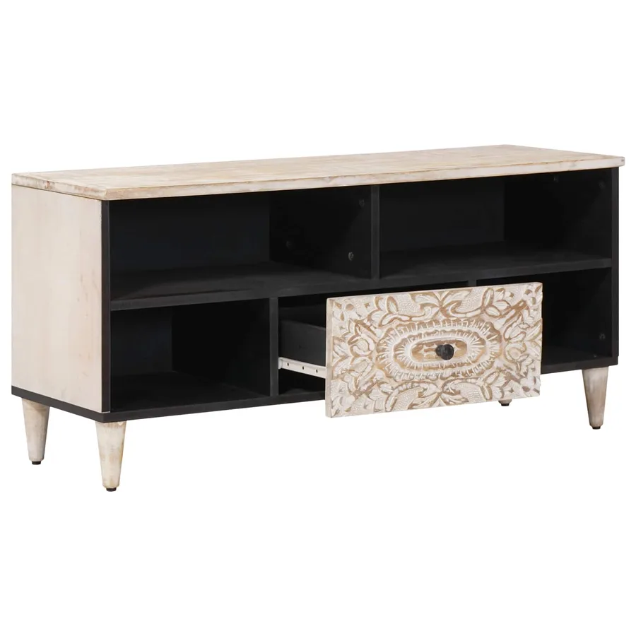 Meuble TV Blanc 100 x 33,5 x 46 cm Bois de mangue massif - 2