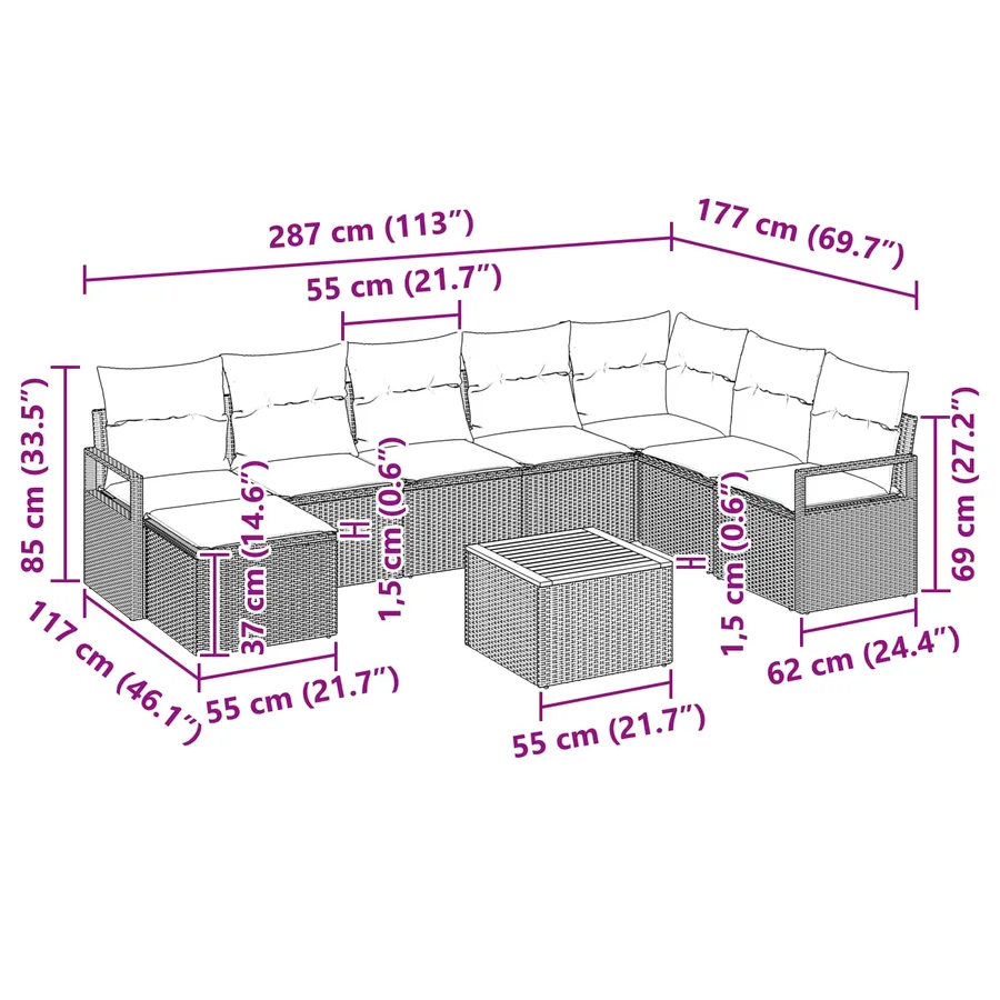 Ensemble de canapé de jardin avec coussin 9 pcs Gris polyrotin - 8