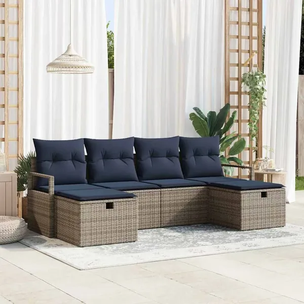 Ensemble de Canapés avec coussin 6 pcs Gris et marine polyrotin