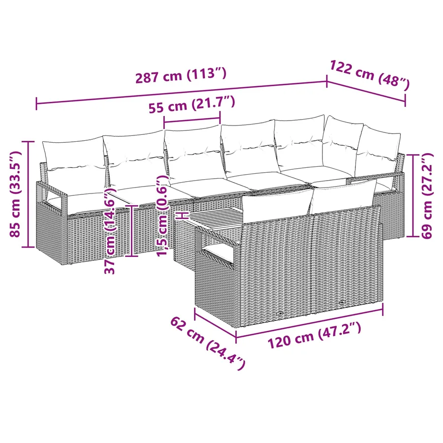 Ensemble de canapé de jardin avec coussin 9 pcs Gris polyrotin - 9