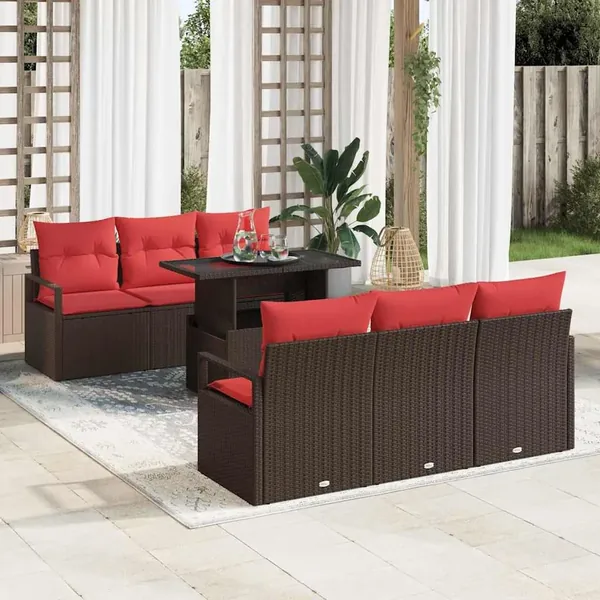 Ensemble de canapé de jardin 7 pcs Marron et rouge polyrotin