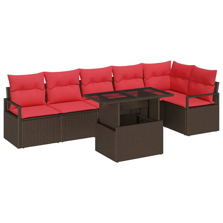 Ensemble de canapé de jardin 7 pcs Marron et rouge polyrotin - 2