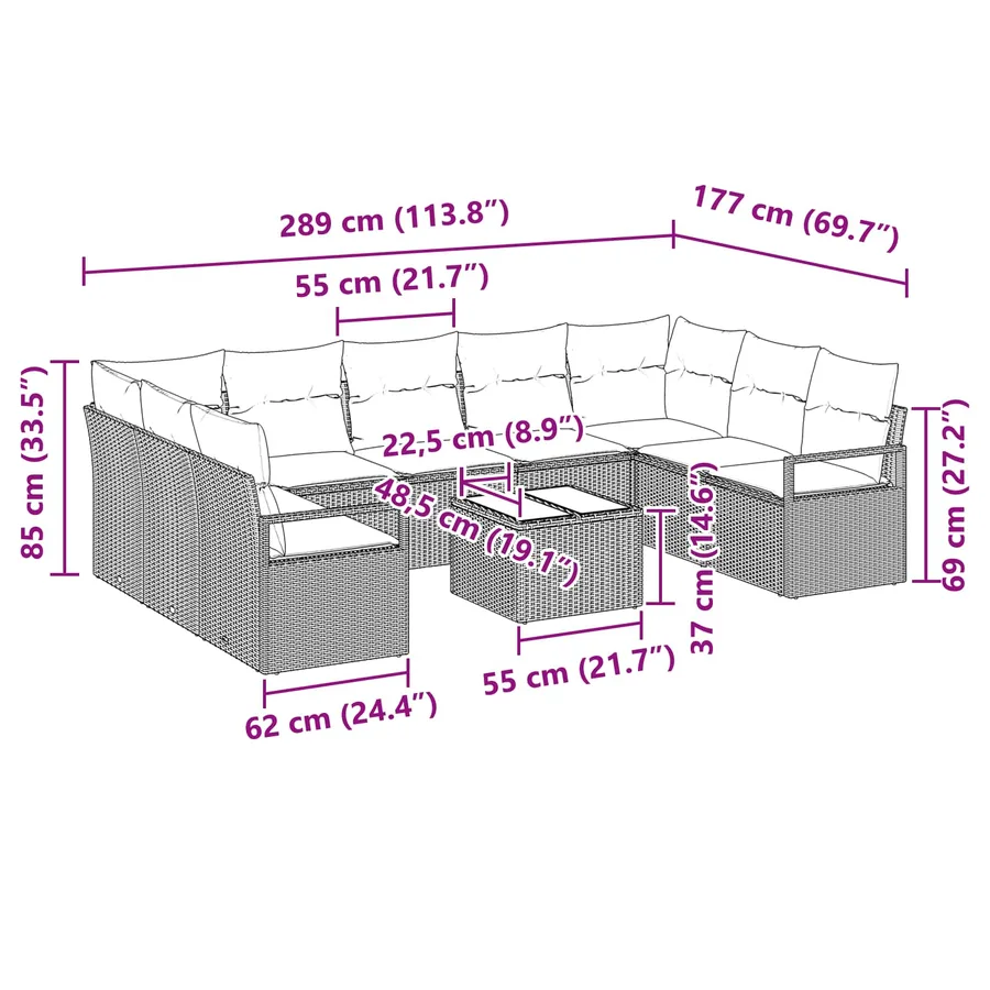 Ensemble de Canapés avec coussin 10 pcs Marron polyrotin - 9