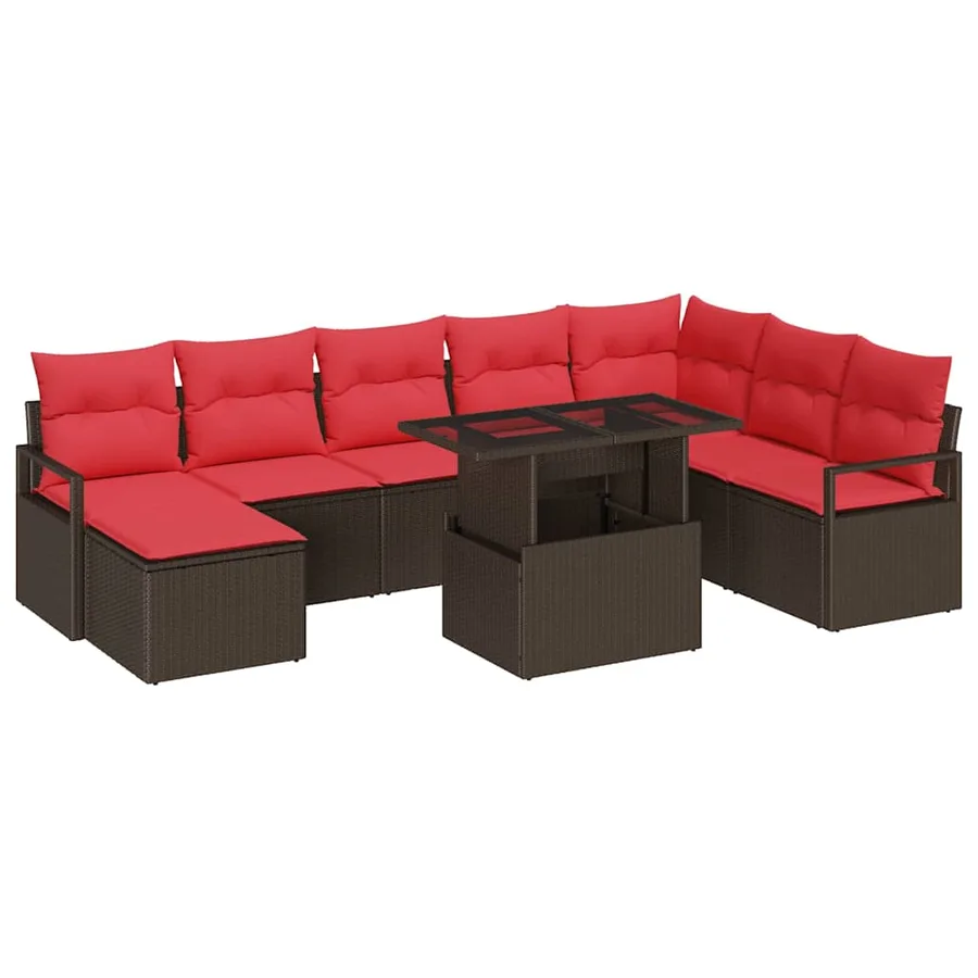 Ensemble de canapé de jardin 9 pcs Marron et rouge polyrotin - 2