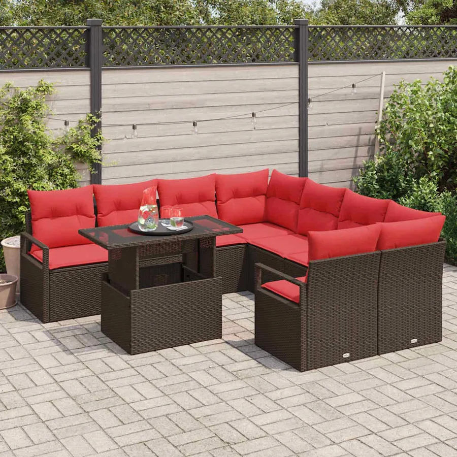Ensemble de canapé de jardin 9 pcs Marron et rouge polyrotin - 3