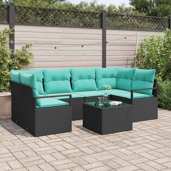 Ensemble de Canapés 7 pcs Noir et Bleu polyrotin