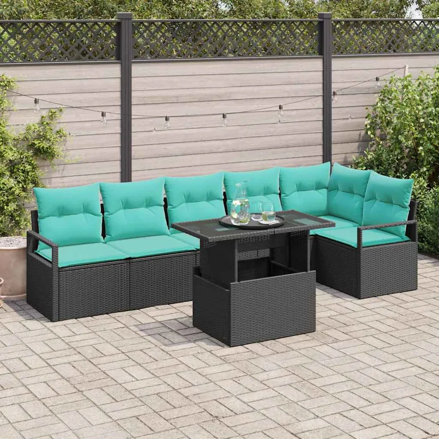 Ensemble de canapé de jardin 7 pcs Noir et Bleu polyrotin