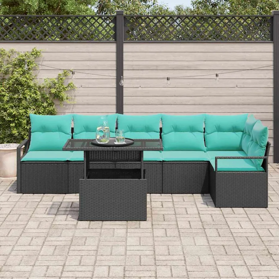 Ensemble de canapé de jardin 7 pcs Noir et Bleu polyrotin - 3