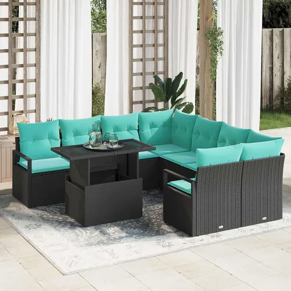Ensemble de canapé de jardin 9 pcs Noir et Bleu polyrotin