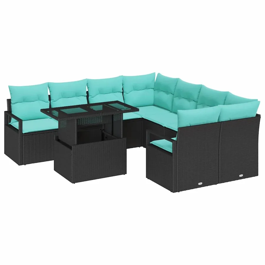 Ensemble de canapé de jardin 9 pcs Noir et Bleu polyrotin - 2