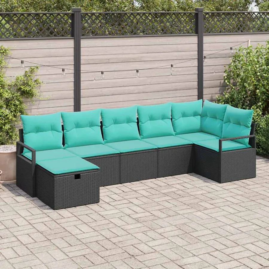 Ensemble de Canapés 7 pcs Noir et turquoise polyrotin