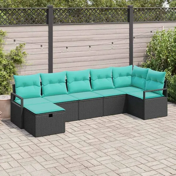 Ensemble de Canapés 7 pcs Noir et turquoise polyrotin