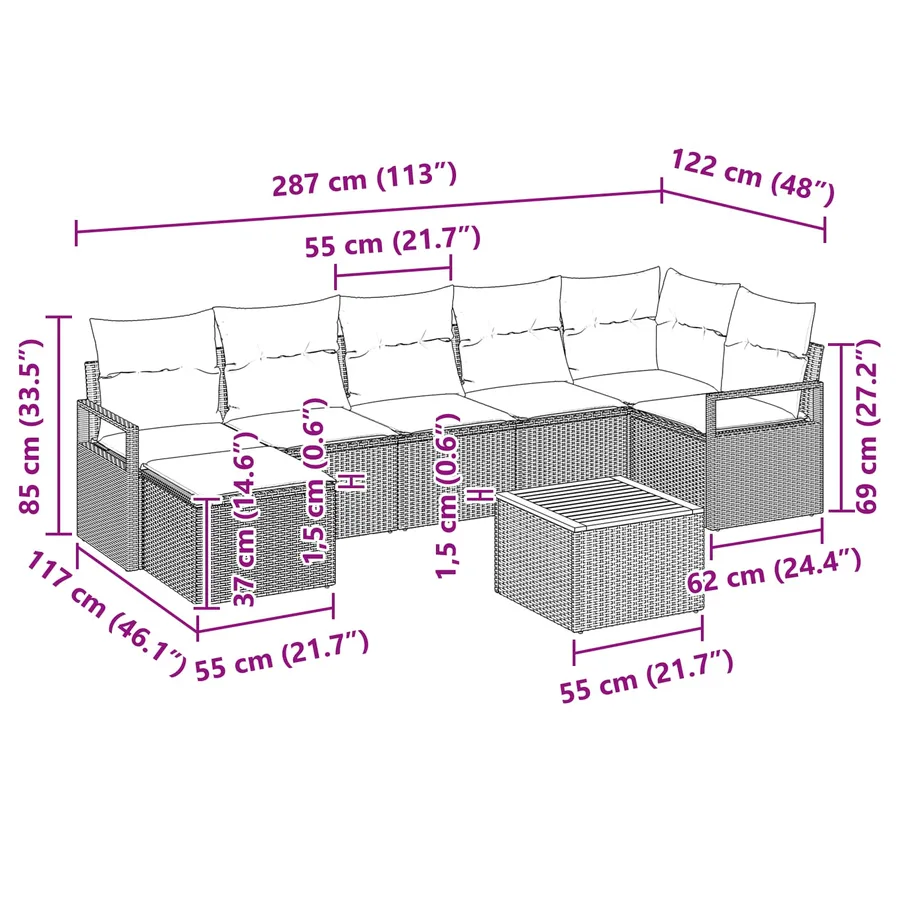 Ensemble de canapé de jardin avec coussin 8 pcs Noir polyrotin - 10
