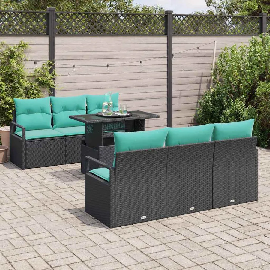 Ensemble de canapé de jardin 7 pcs Noir et Bleu polyrotin - 3