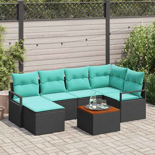 Ensemble de canapé de jardin avec coussin 7 pcs Noir polyrotin