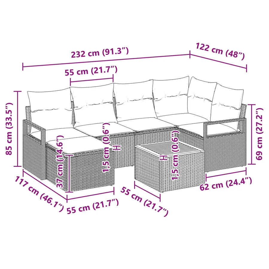 Ensemble de canapé de jardin avec coussin 7 pcs Noir polyrotin - 10