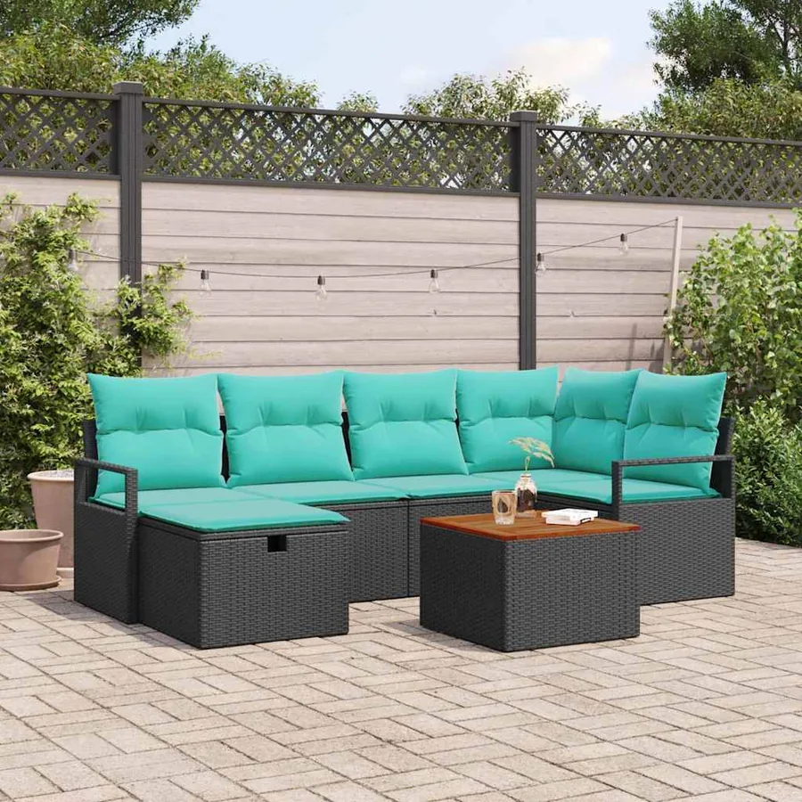 Ensemble de canapé de jardin avec coussin 7 pcs Noir polyrotin
