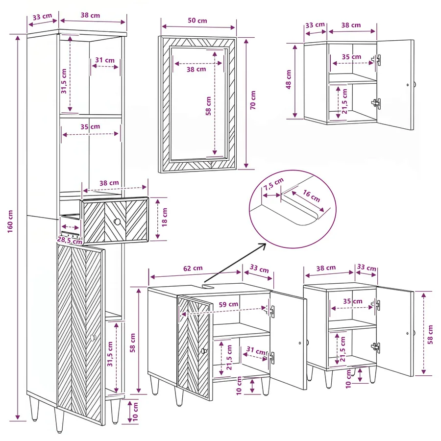 Ensemble de Meubles de Salle de Bain avec tiroir 5 pcs - 18