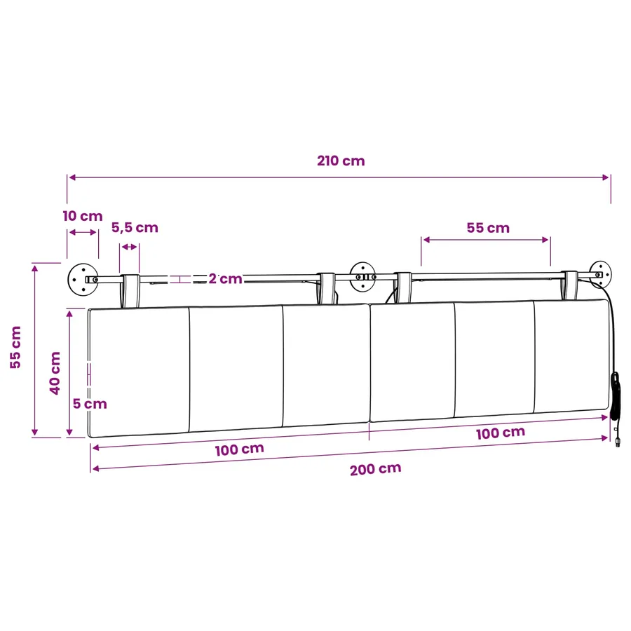Tête de lit suspendue Avec lumière LED Blanc Tissu - 13