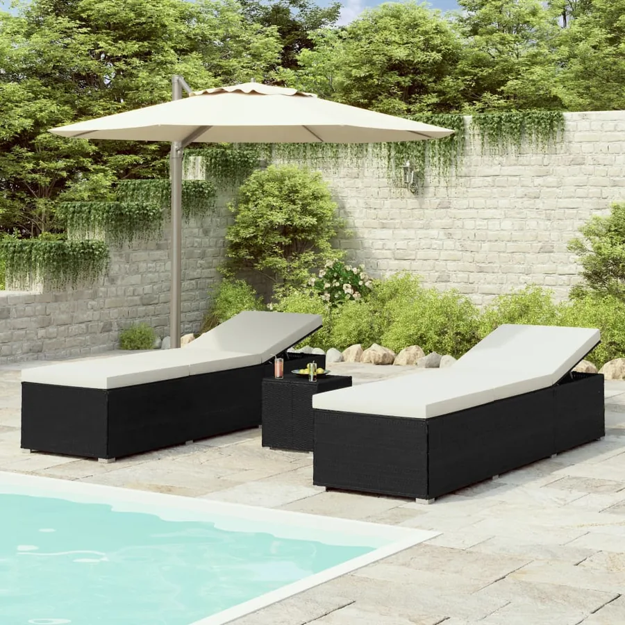 Chaises longues de jardin table à thé 3 pcs Résine tressée Noir