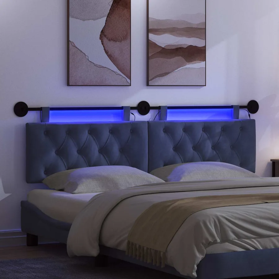 Tête de lit suspendue Avec lumière LED Bleu police Velours - 5